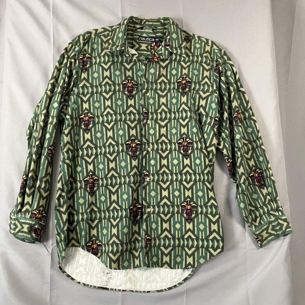 Nautica Shirt Mens Medium Green Southwest‎ Tribal Thunderbirds Button Up Cotton